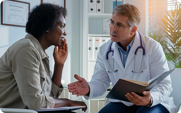 Doctor discussing non-drug treatment options with a patient in his office